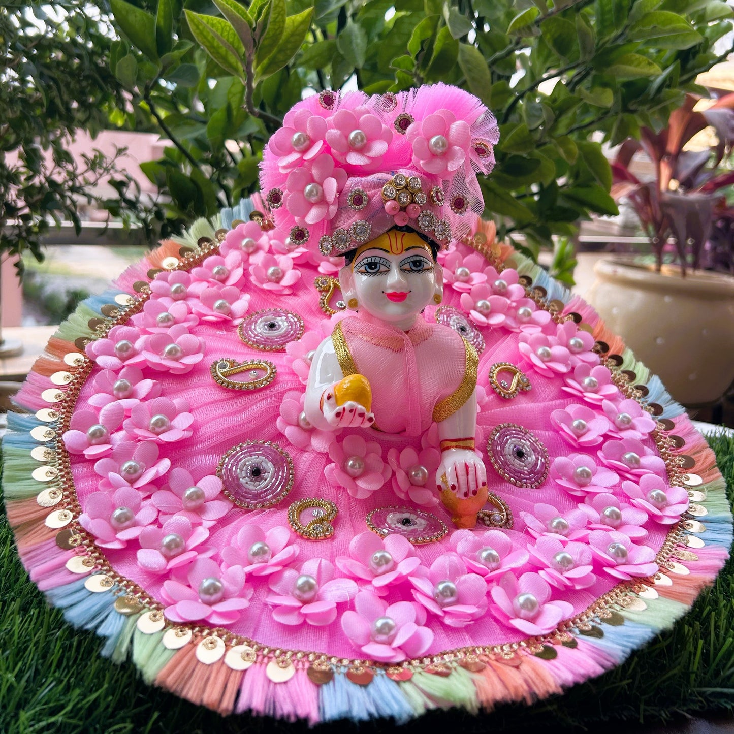Heavy Pink Pearl Designer Laddu Gopal Poshak Set