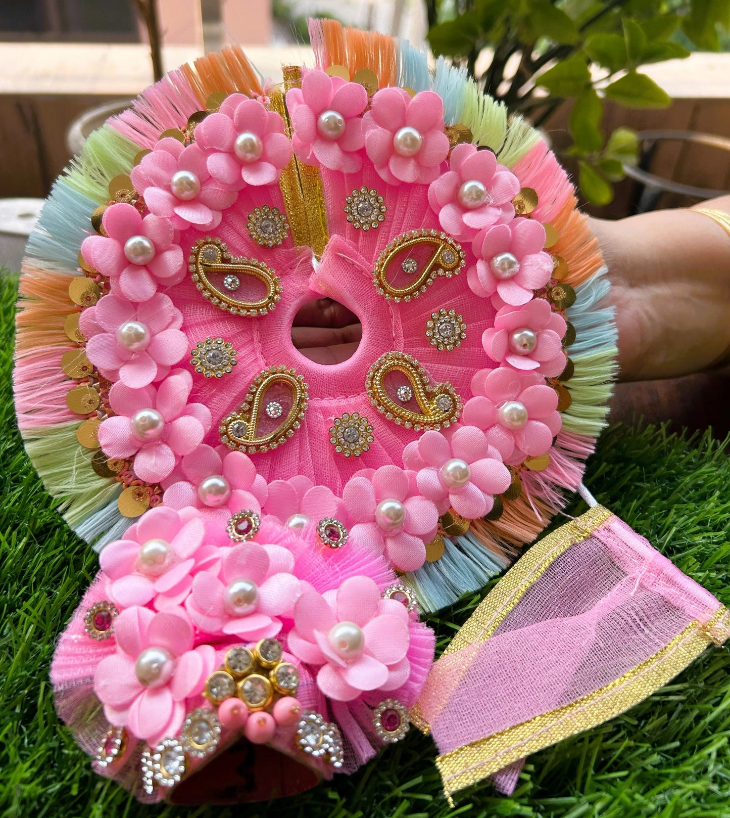 Heavy Pink Pearl Designer Laddu Gopal Poshak Set