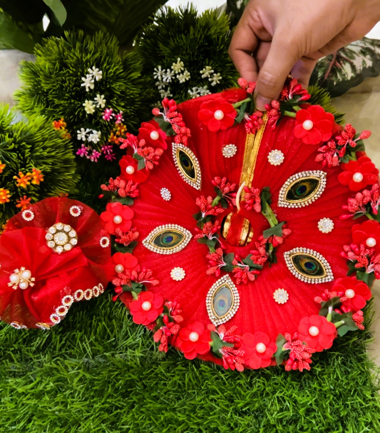 Peacock Red Patch Designer Laddu Gopal Poshak Set