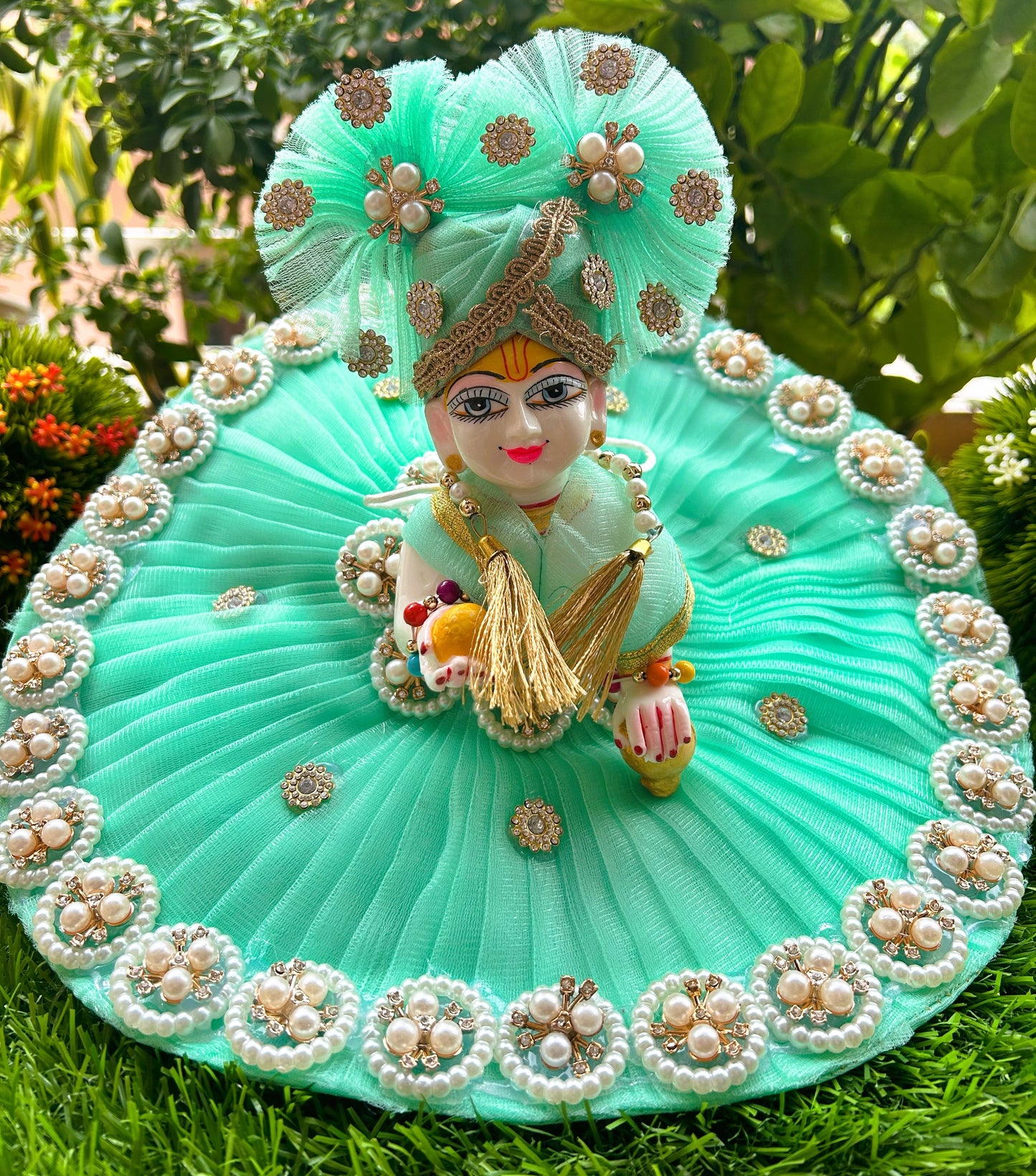 Sea Green Pearl Laddu Gopal Poshak Set