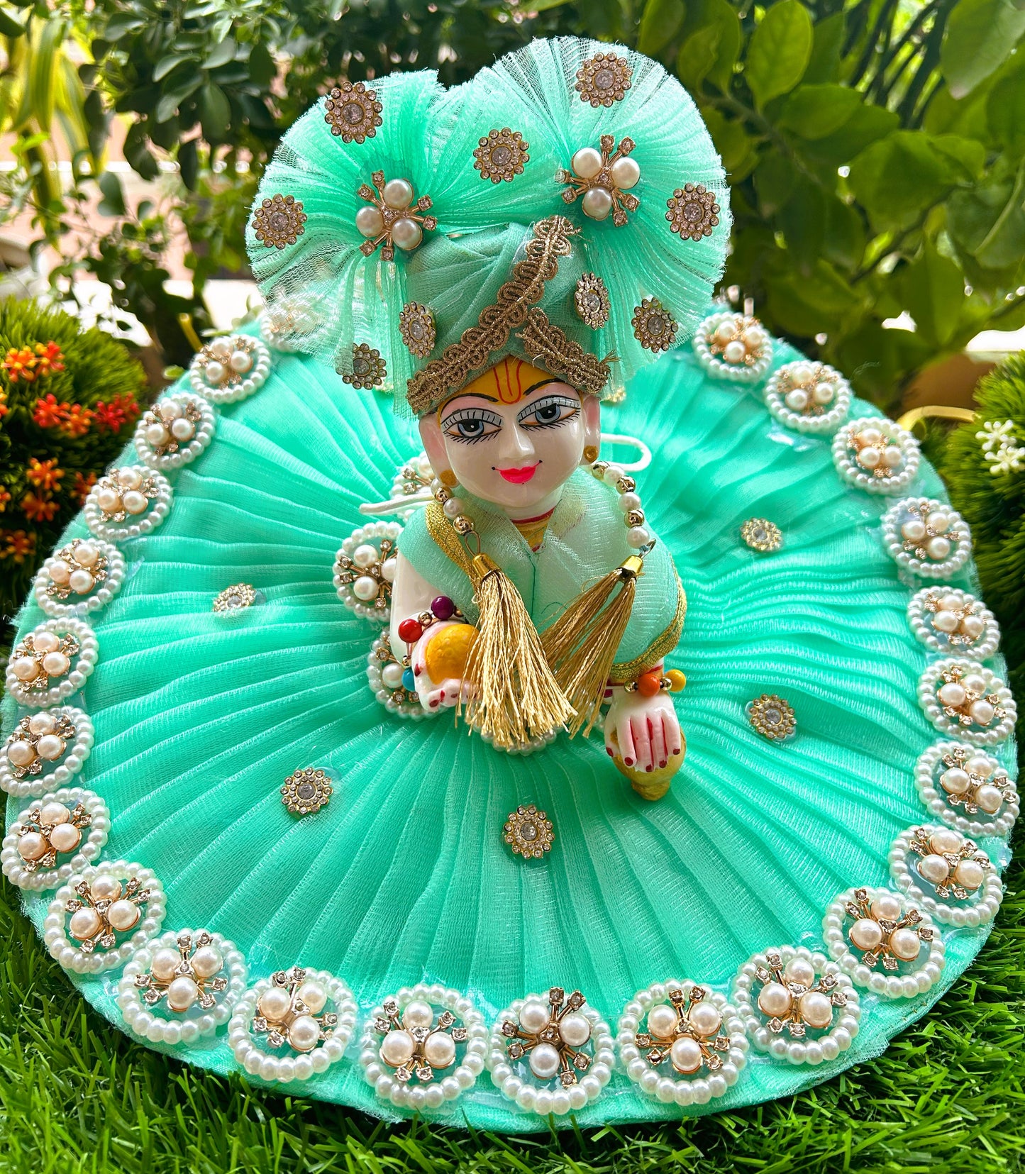 Sea Green Pearl Laddu Gopal Poshak Set