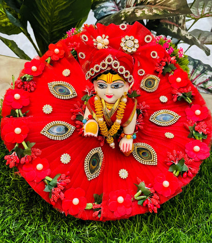 Peacock Red Patch Designer Laddu Gopal Poshak Set