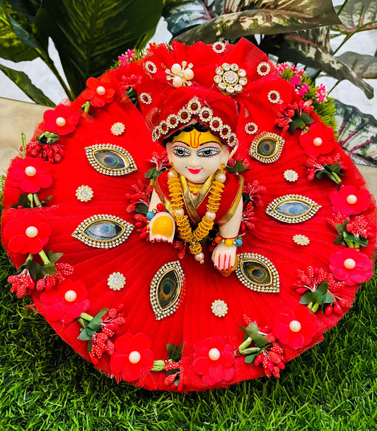 Peacock Red Patch Designer Laddu Gopal Poshak Set
